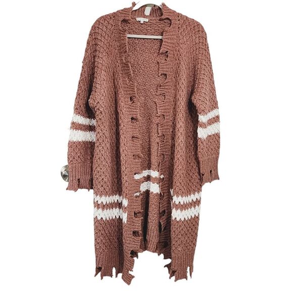 Moon River mauve & white distressed open front cardigan SZ M - Picture 1 of 5